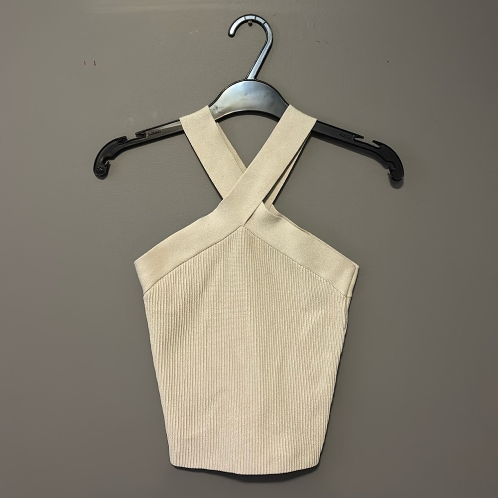 ARITZIA BABATON Matte Pearl Sculpt Knit Criss Cross Halter Ribbed Tank Top